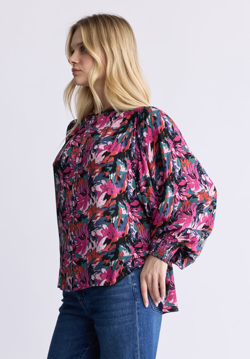 Buffalo David Bitton Ottilie Women's Long-Sleeved Blouse, Dark Pink Floral - WT0120F Color ABSTRACT FLORAL