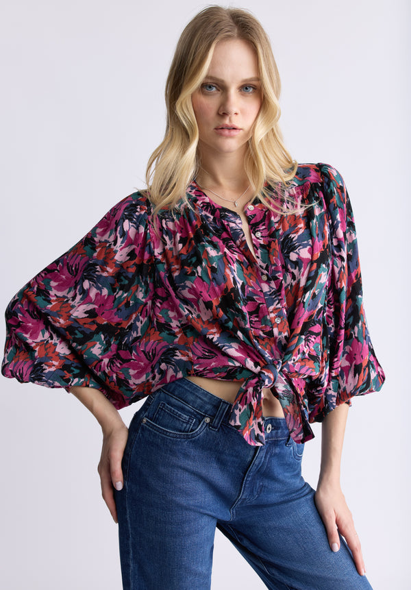 Buffalo David Bitton Ottilie Women's Long-Sleeved Blouse, Dark Pink Floral - WT0120F Color ABSTRACT FLORAL