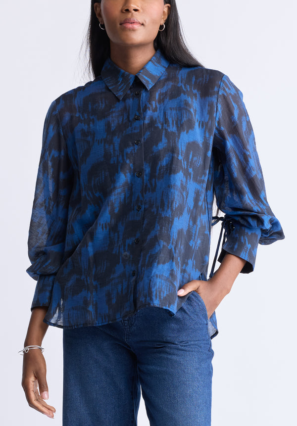 Hayley Women’s Abstract Print Button-Up Shirt, Navy & Black - WT0129H