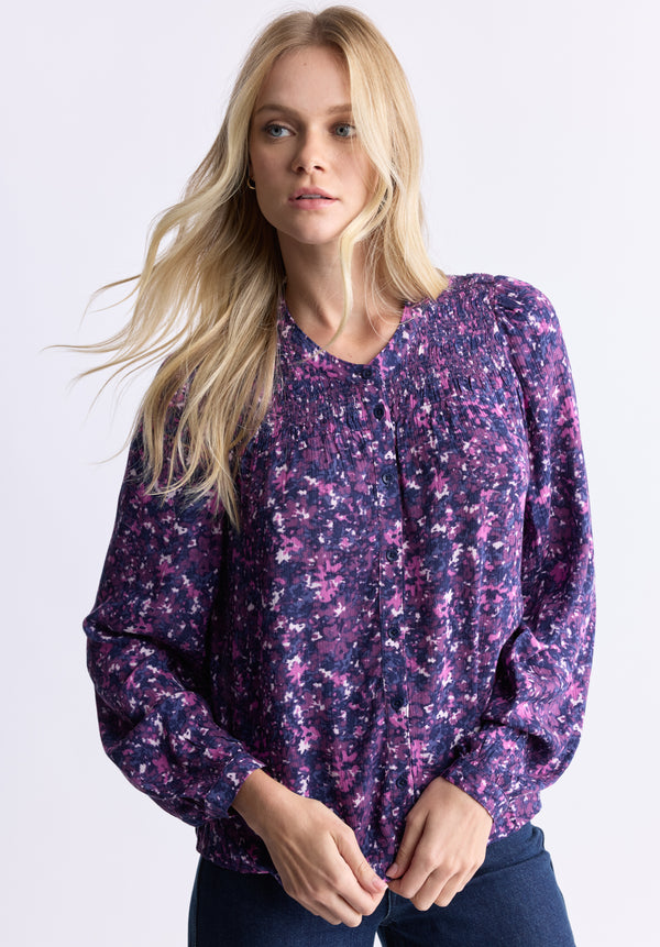 Zosia Women's Floral Print Smocked Blouse, Purple - WT0130H