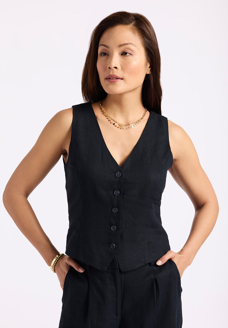 Coraline Women's Linen Button-Up Vest, Black - WT0173P