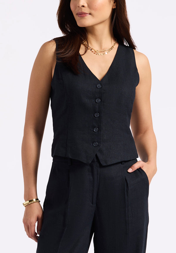 Coraline Women's Linen Button-Up Vest, Black - WT0173P