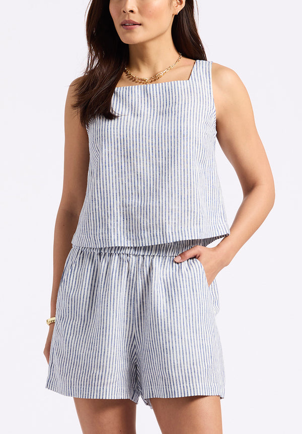 Benedita Women's Striped Sleeveless Linen Top, White & Navy - WT0198P